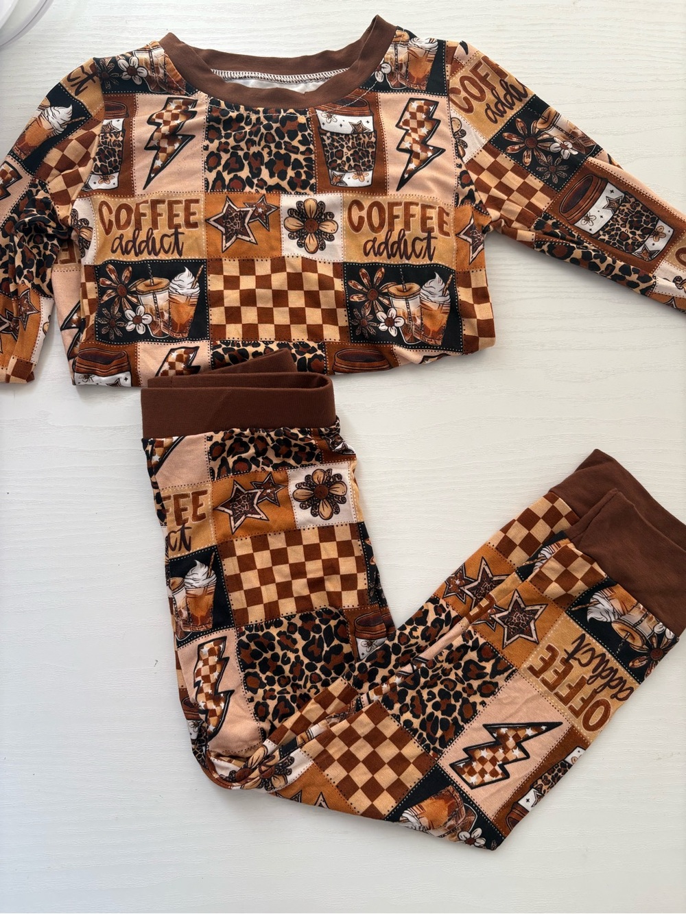 Kids 'Coffee Addict' Brown Patchwork Pajama Set